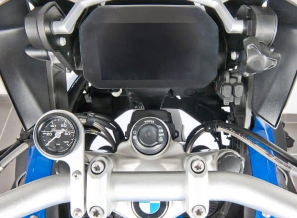 XRAY KIT MANOMETRO PRESSIONE OLIO MOTORE CON MONTAGGIO A MANUBRIO PER BMW R1200 GS (LC) DAL 2013 AL 2019 - versione nera visione frontale